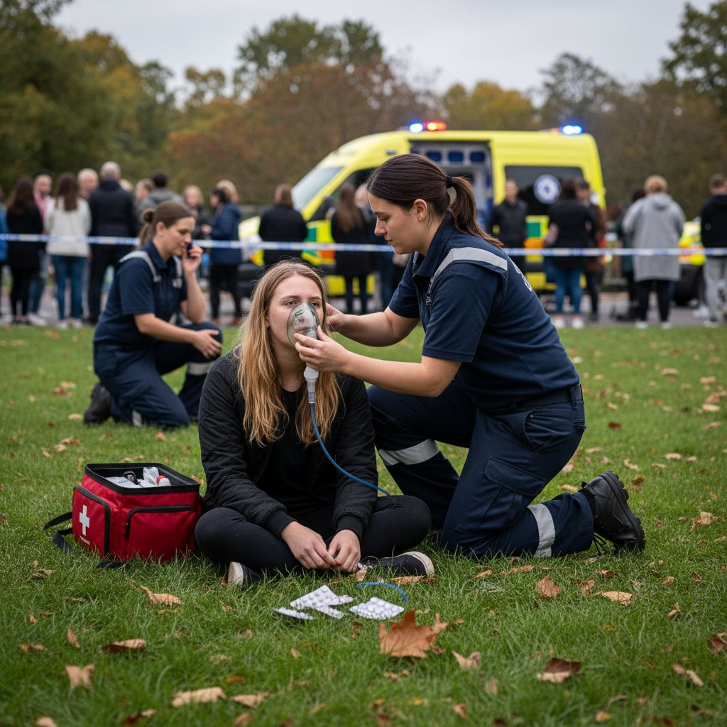 Zdjęcie: Ratownik medyczny udzielający pomocy osobie z objawami zatrucia – dynamiczna scena akcji