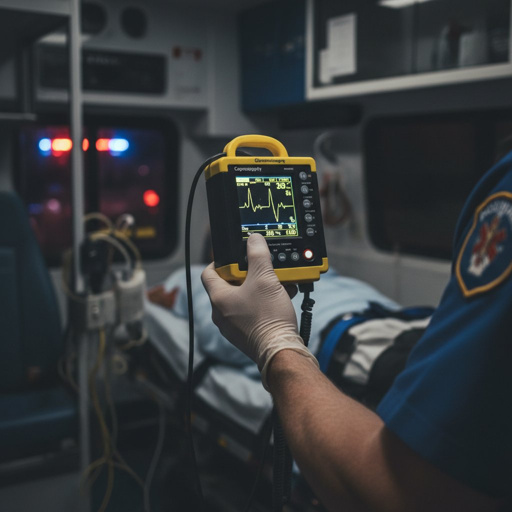 Ręka ratownika przy kapnografie, napięcie i koncentracja w ambulansie, fala wykresu monitoringu oddechu