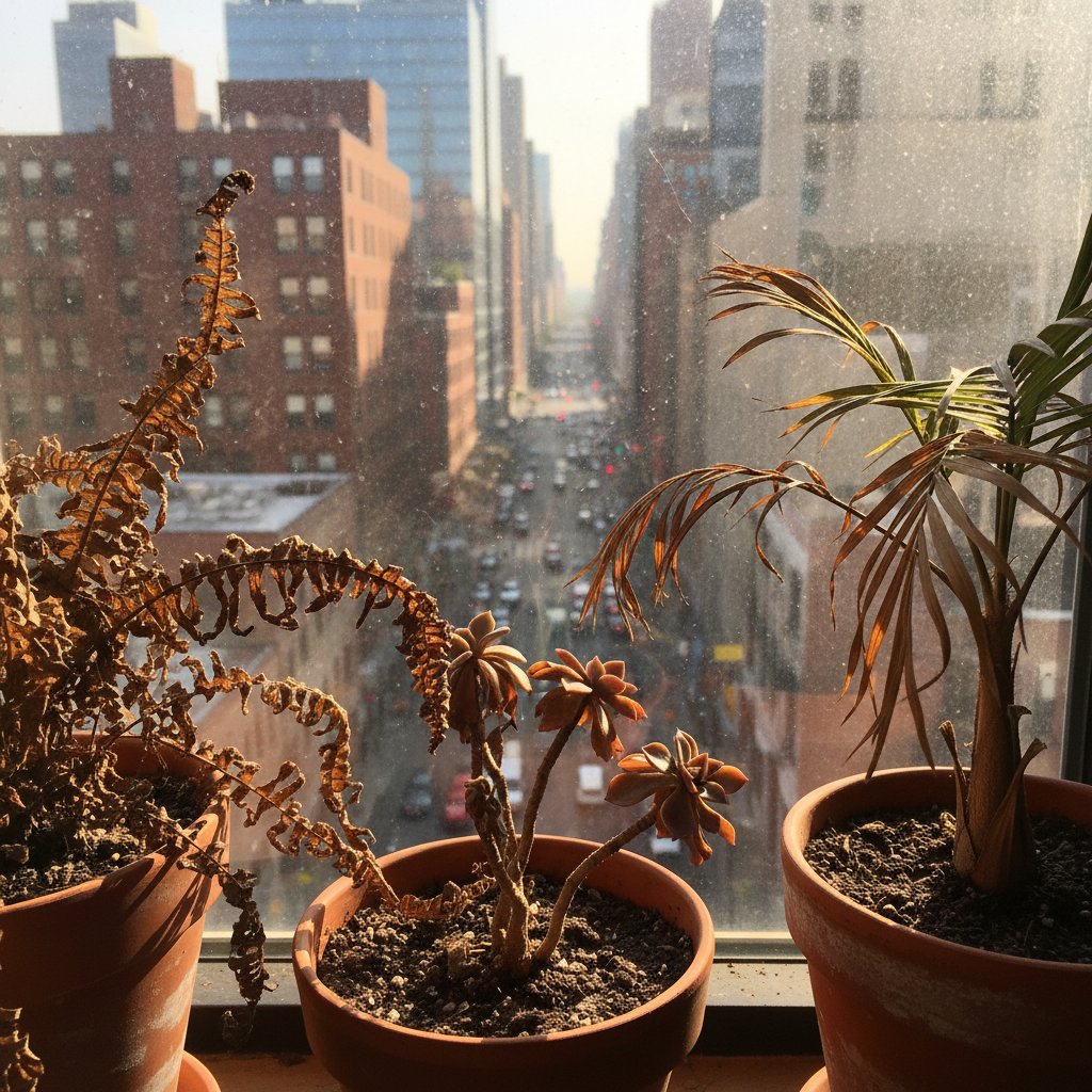 Wysuszone rośliny doniczkowe stojące za nagrzanym oknem w letnim mieszkaniu, z widokiem na miejską dżunglę