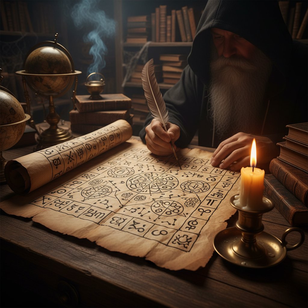 Pergamin ze starożytnymi symbolami i liczbami, światło świec, tajemniczy klimat naukowy