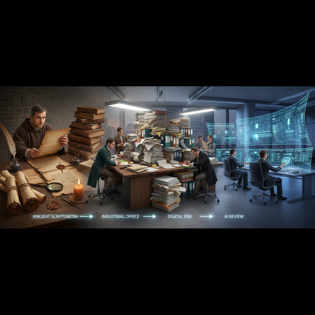Artistic photo showing the evolution from parchment scrolls to computer screens for document review