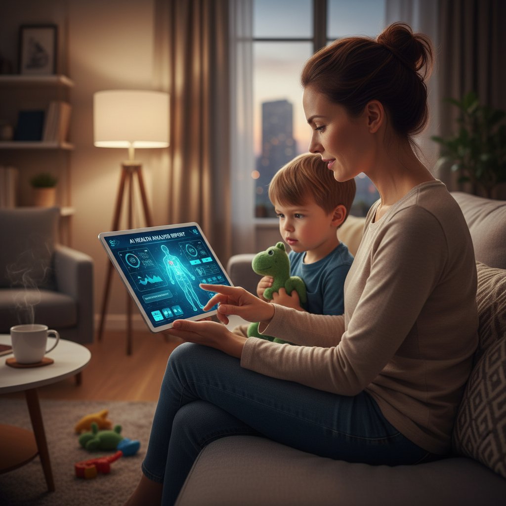 Rodzic korzysta z aplikacji wspieranej przez AI, ekran z analizą zdrowia dziecka, domowa scena, wieczór