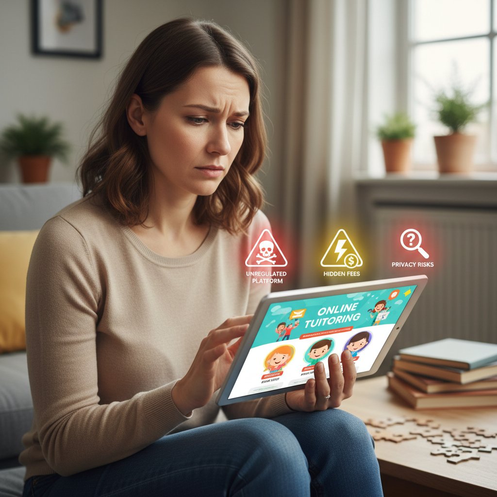 Rodzic analizuje ofertę korepetycji online, na ekranie tablet z ostrzegawczymi symbolami, niepewność
