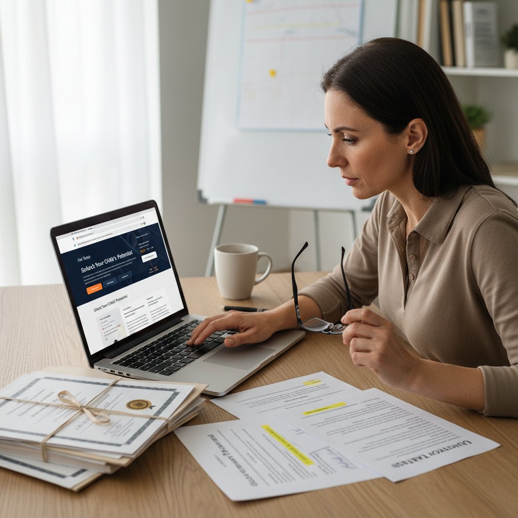 Rodzic analizujący ofertę korepetycji online na laptopie, skupiony, na ekranie certyfikaty i opinie