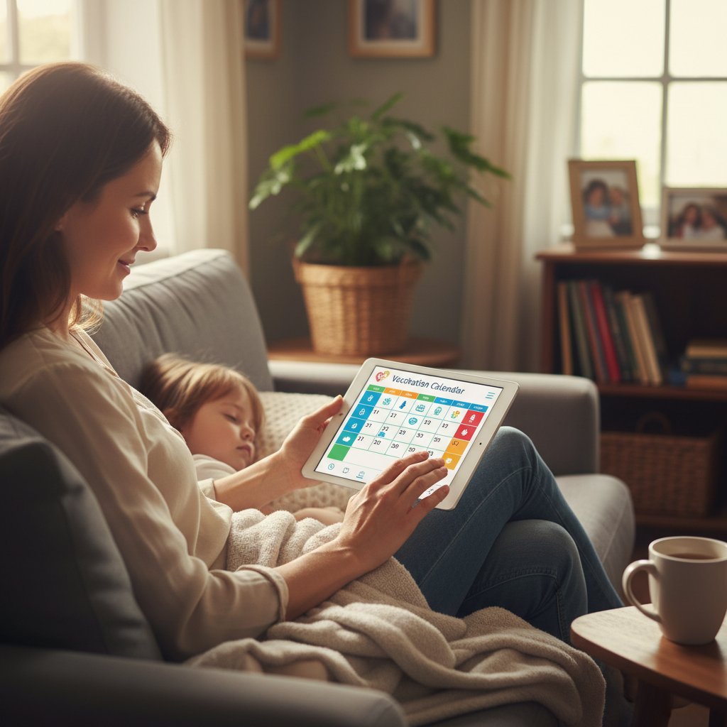 Rodzic analizujący kalendarz szczepień na tablecie, spokojne otoczenie domowe