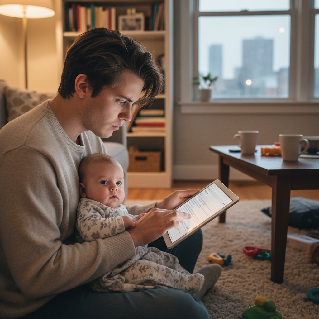 Rodzic czytający forum internetowe o zdrowiu niemowląt, z wyrazem zwątpienia