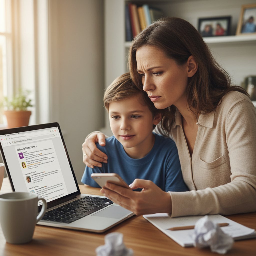 Rodzic sprawdzający w internecie opinie o korepetycjach, telefon, komputer, napięcie
