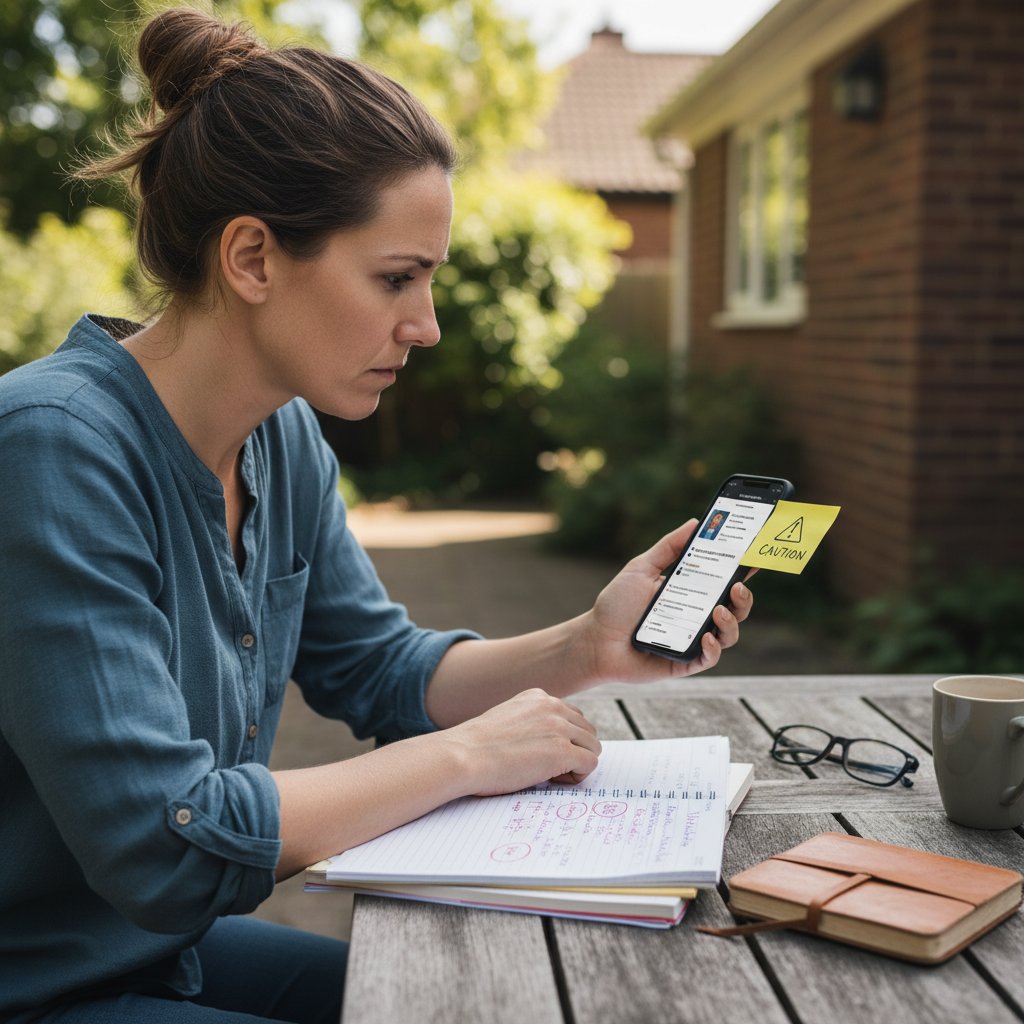Rodzic analizujący profil korepetytora online, telefon, notatki, ostrożność