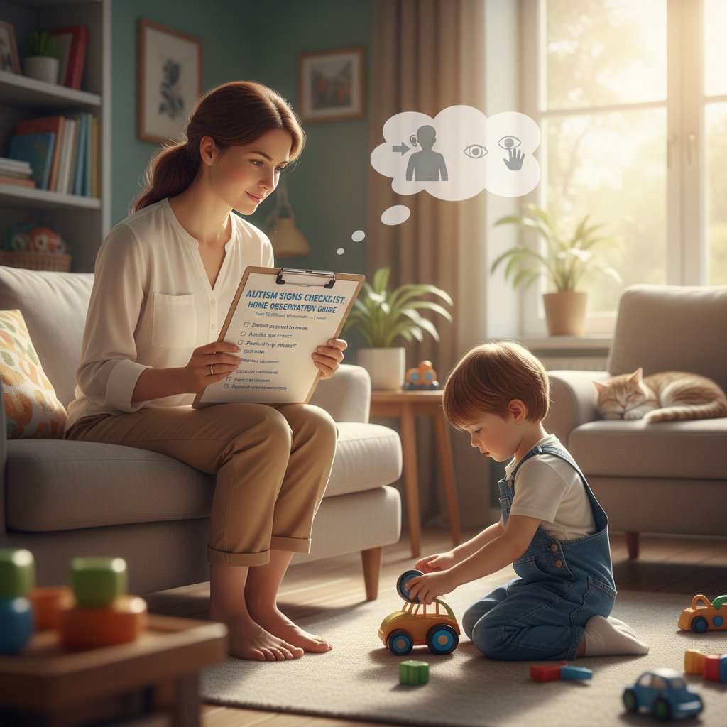 Rodzic wypełniający checklistę objawów autyzmu, domowa scena, troska i zaangażowanie