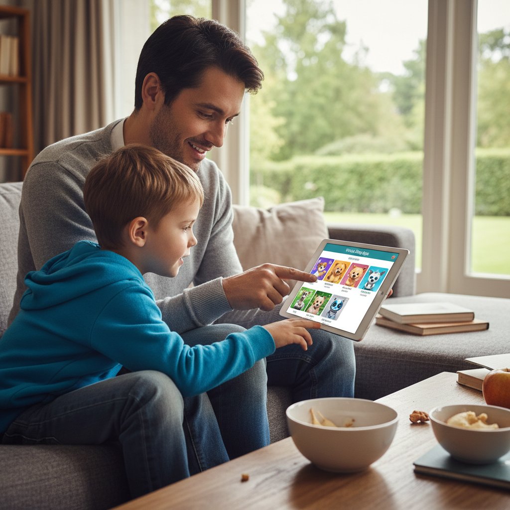 Rodzic i dziecko analizują aplikacje z wirtualnymi psami na tablecie