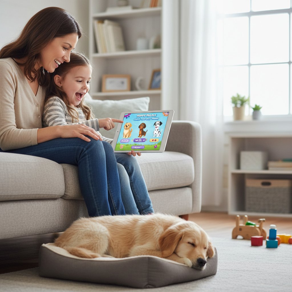 Rodzic i dziecko wspólnie wybierający aplikację z symulatorem psa na tablecie