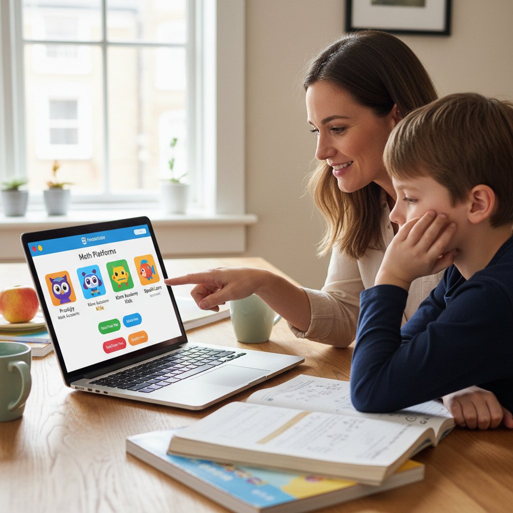 Rodzic i dziecko wybierający platformę do nauki matematyki online, wspólna analiza na ekranie laptopa