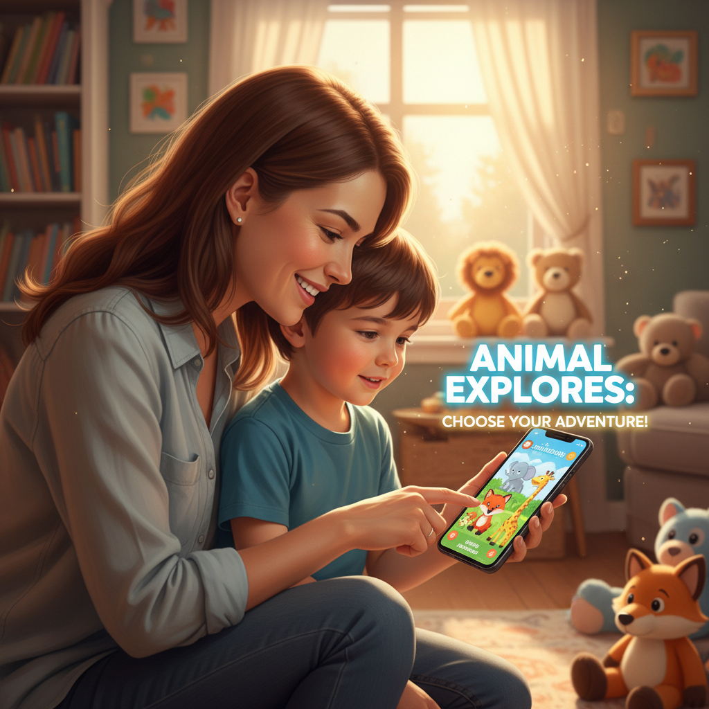 Rodzic i dziecko wspólnie wybierający grę edukacyjną o zwierzętach na smartfonie