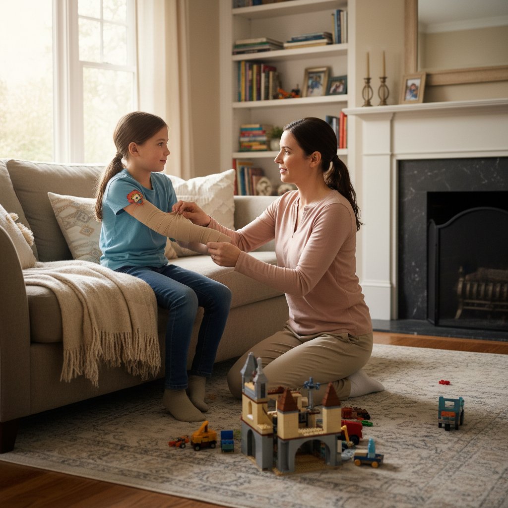 Rodzic uczący dziecko zakładania opatrunku uciskowego w domu