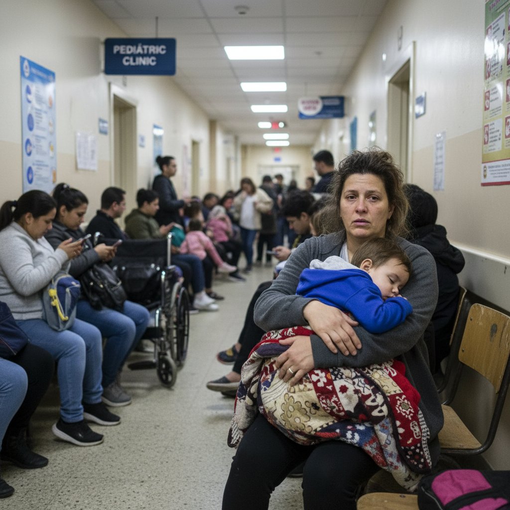 Rodzic z dzieckiem w zatłoczonym korytarzu poradni, wyraz twarzy pełen zmęczenia i napięcia