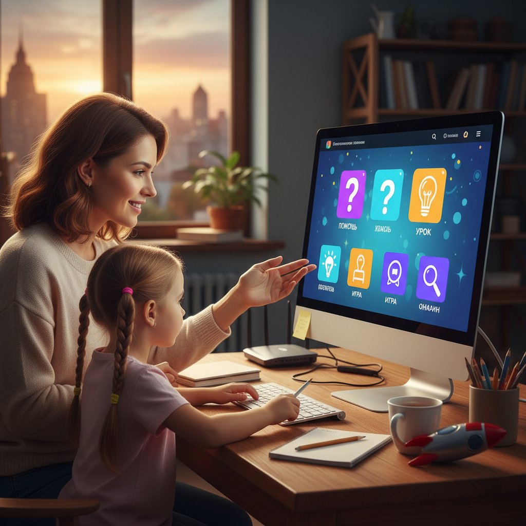 Rodzic i dziecko przy biurku, cyfrowe ikony pomocy na ekranie, wspólna nauka online