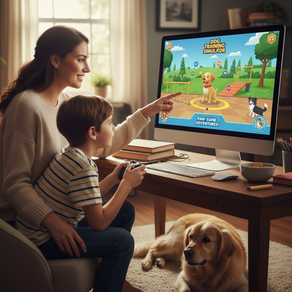 Rodzic rozmawia z dzieckiem podczas wspólnej gry w symulator psa