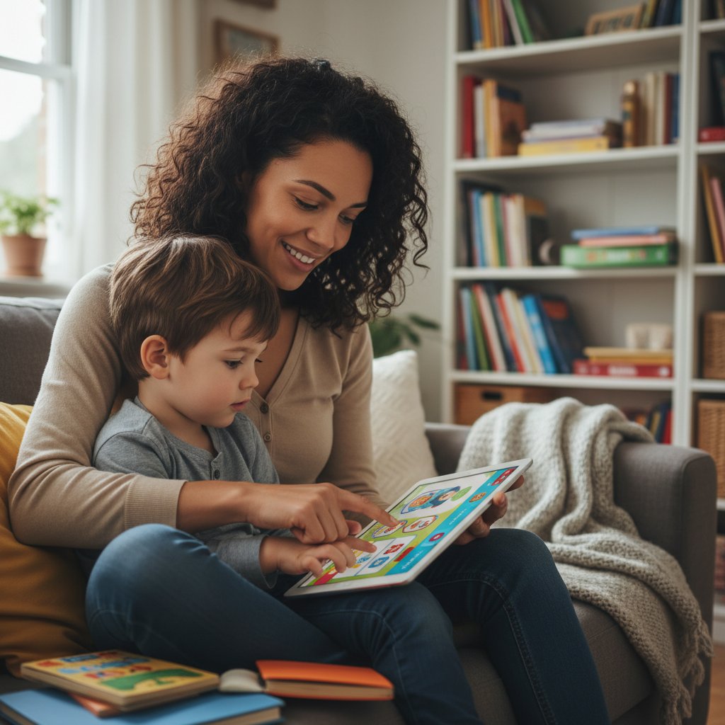 Rodzic i dziecko przeglądający platformy edukacyjne na tablecie