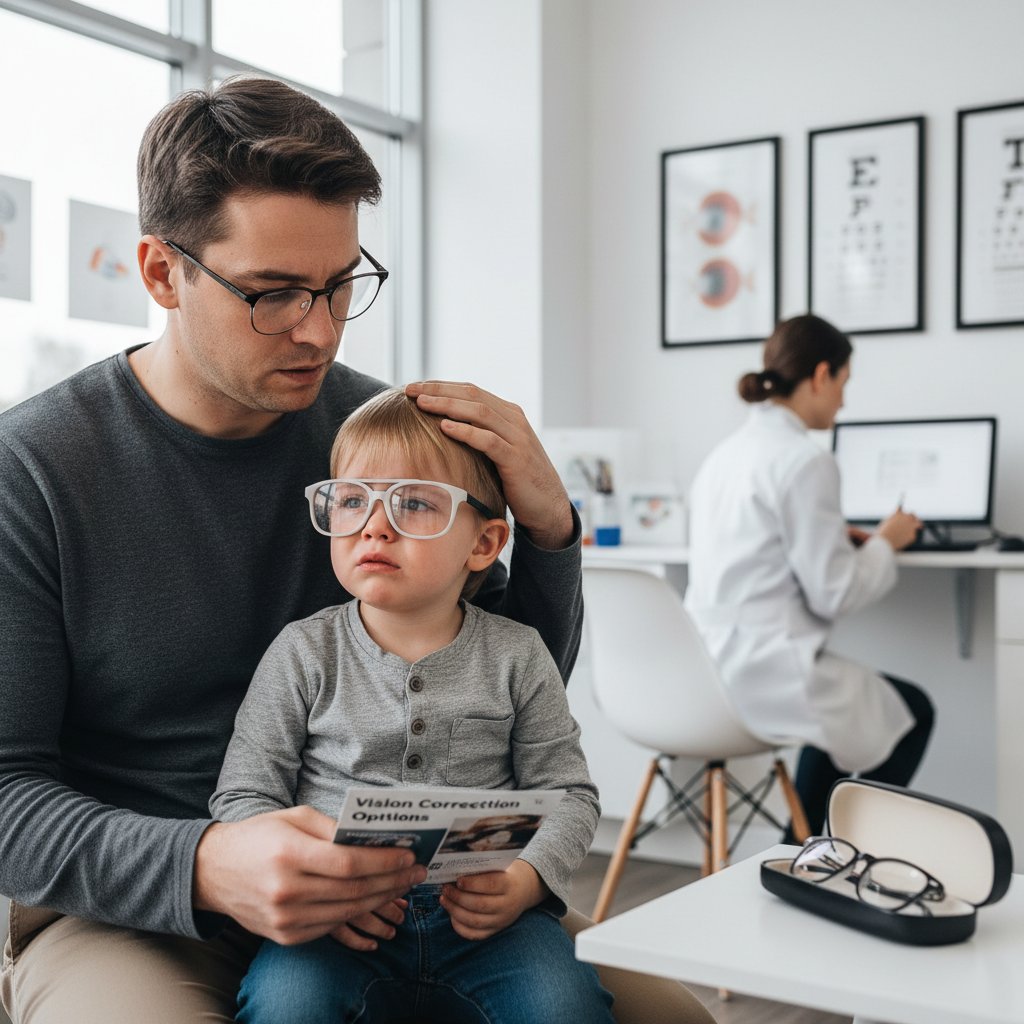 Rodzic rozmawiający z dzieckiem po badaniu wzroku, trzymający okulary, zatroskana mina