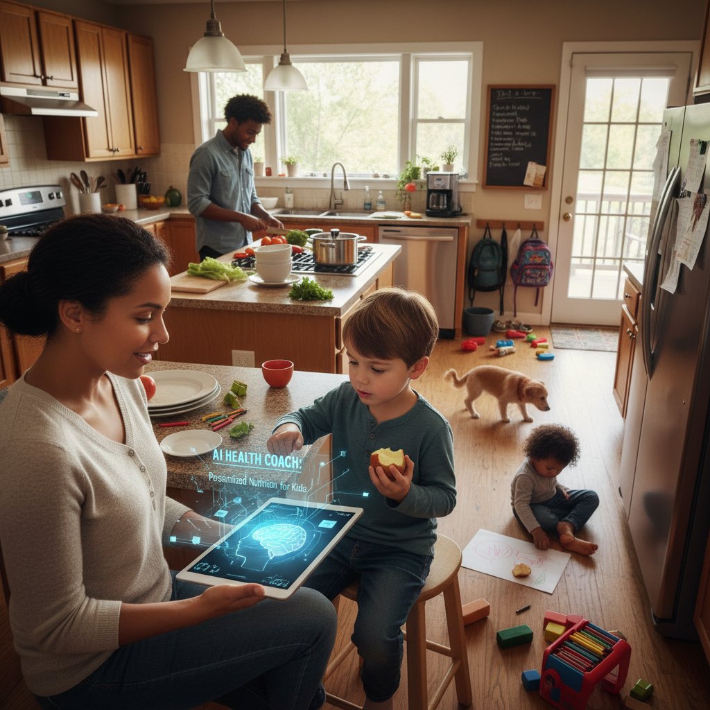 Rodzic korzystający z AI w kuchni podczas opieki nad dzieckiem