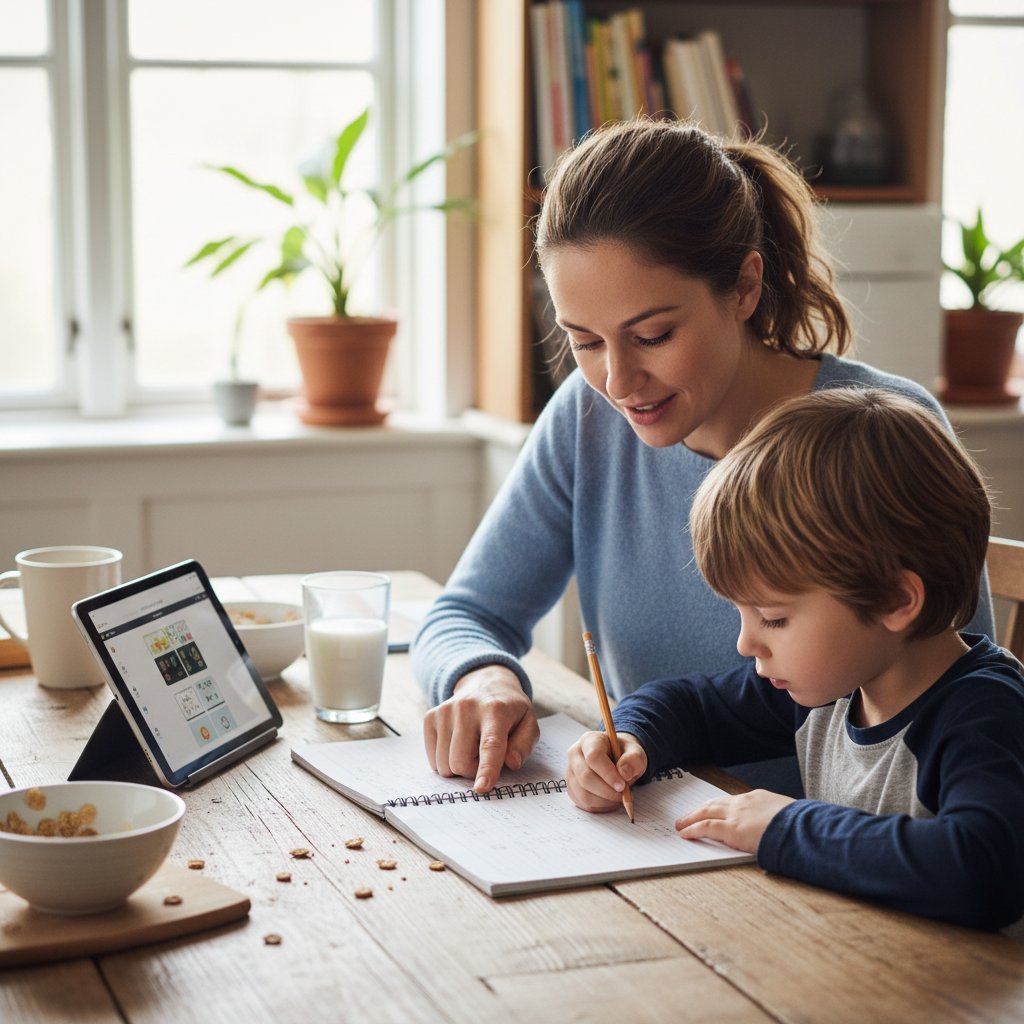 Rodzic pomaga dziecku w nauce matematyki online