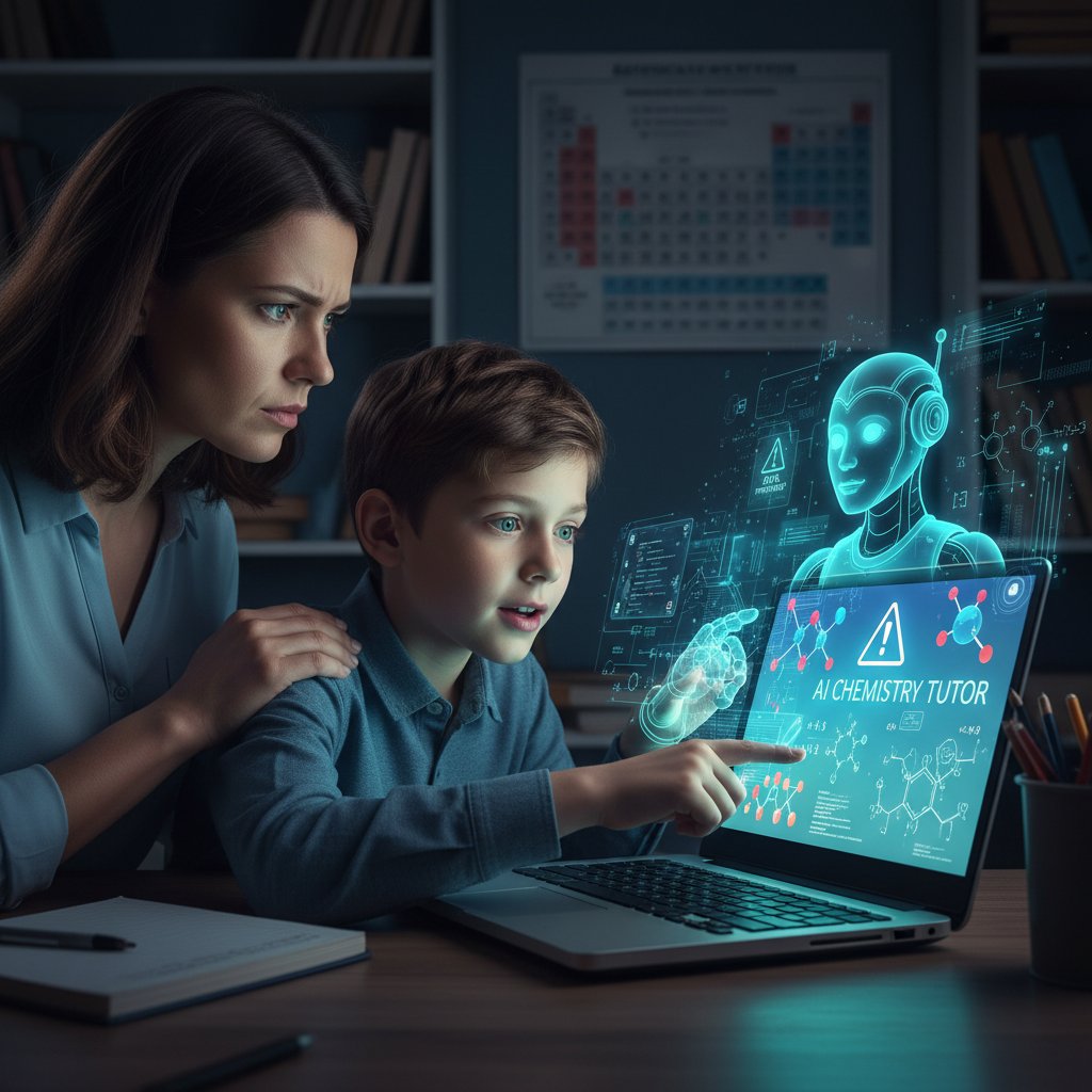 Rodzic obserwujący dziecko korzystające z laptopa do nauki chemii z AI, atmosfera troski i zainteresowania