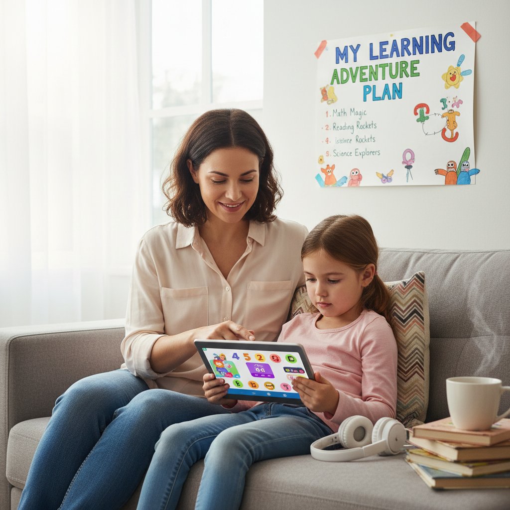 Rodzic i dziecko analizują plan nauki online, tablet, początek drogi edukacyjnej