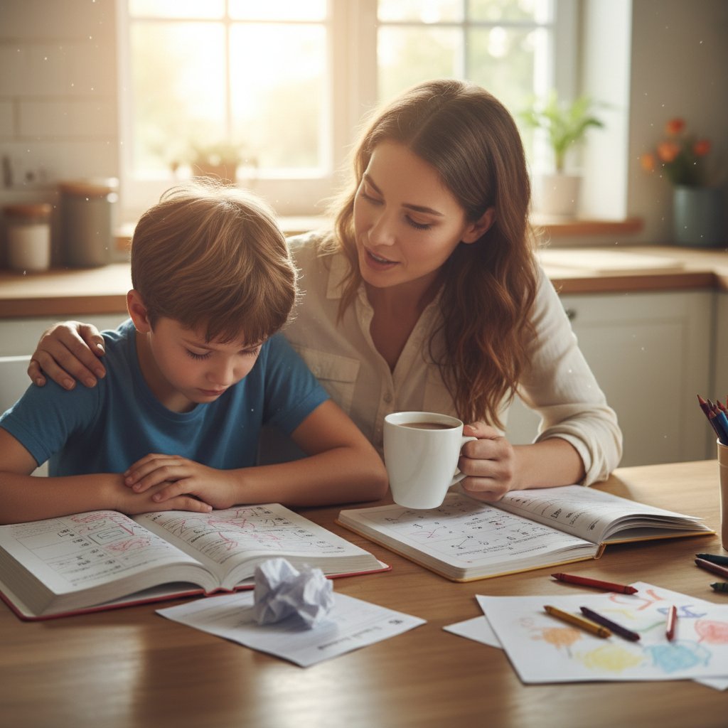 Rodzic wspiera dziecko w trudnym momencie nauki matematyki online, atmosfera zrozumienia