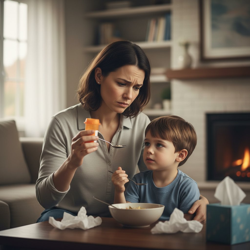Rodzic daje dziecku tabletki bez konsultacji z lekarzem, wyraz niepewności na twarzy