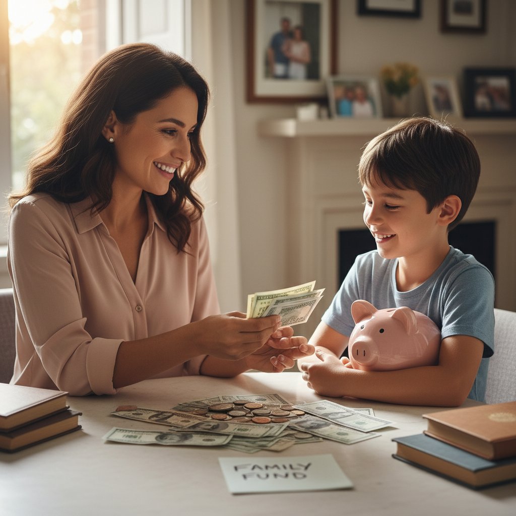 Rodzic przekazujący dziecku kopertę z pieniędzmi, symbolika alimentów