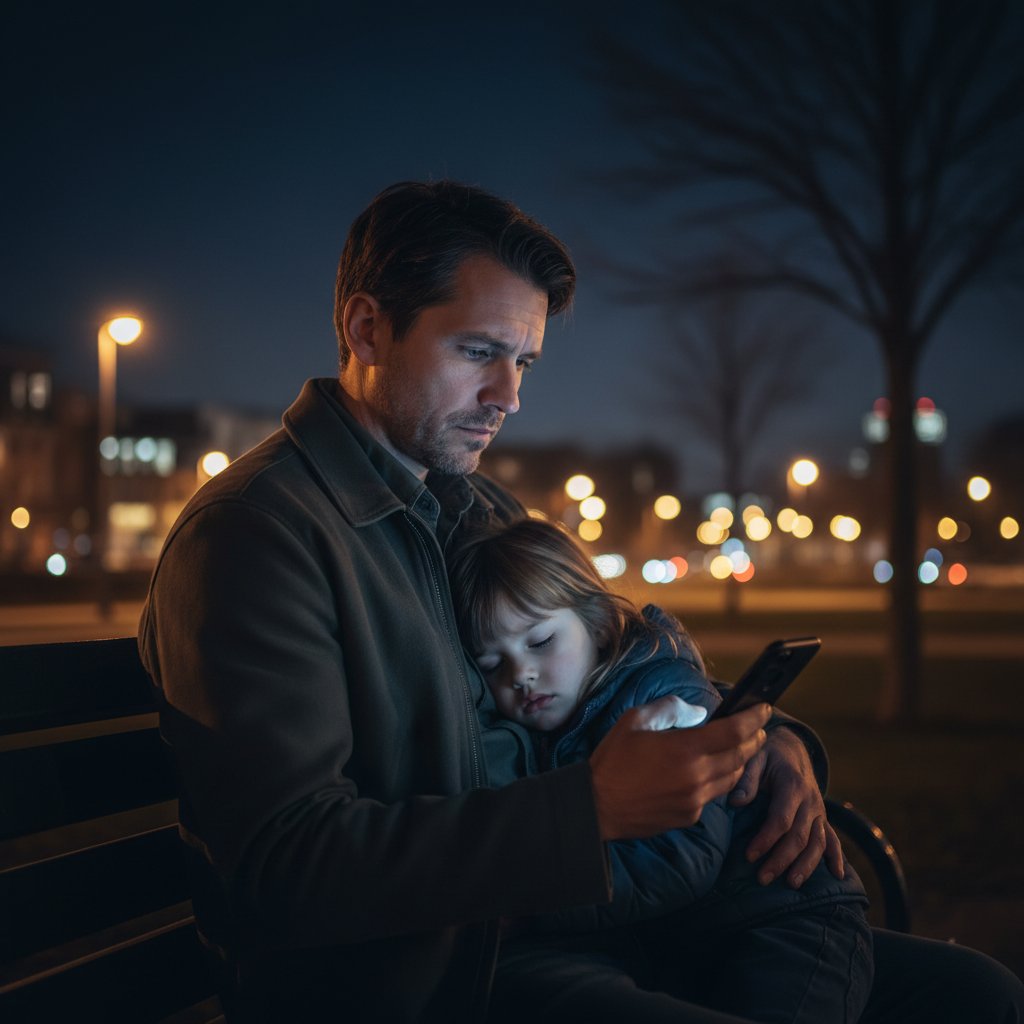 Rodzic szukający informacji o zdrowiu dziecka w internecie nocą