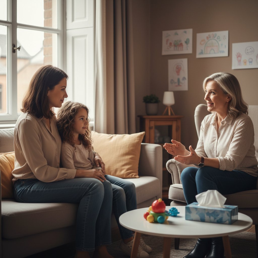 Rodzic z dzieckiem w poradni, rozmowa z psychologiem – atmosfera wsparcia i zrozumienia