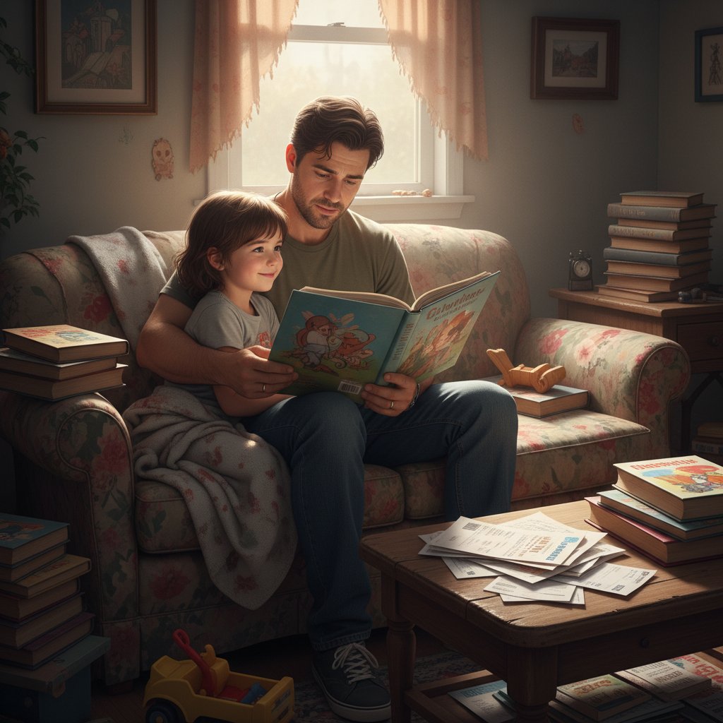 Rodzic czyta książkę z dzieckiem, spokojna atmosfera, mimo trudności finansowych, wsparcie emocjonalne