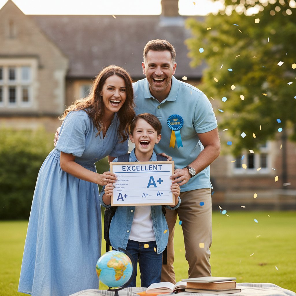 Rodzic i dziecko wspólnie patrzący na wyniki z platformy edukacyjnej, radość i duma na twarzach