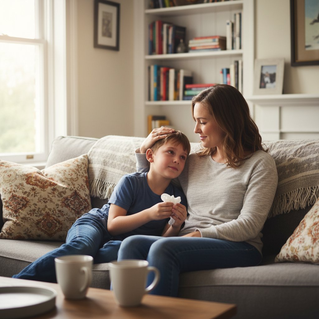 Rodzic rozmawiający z dzieckiem na kanapie, przyjazna atmosfera, wsparcie emocjonalne