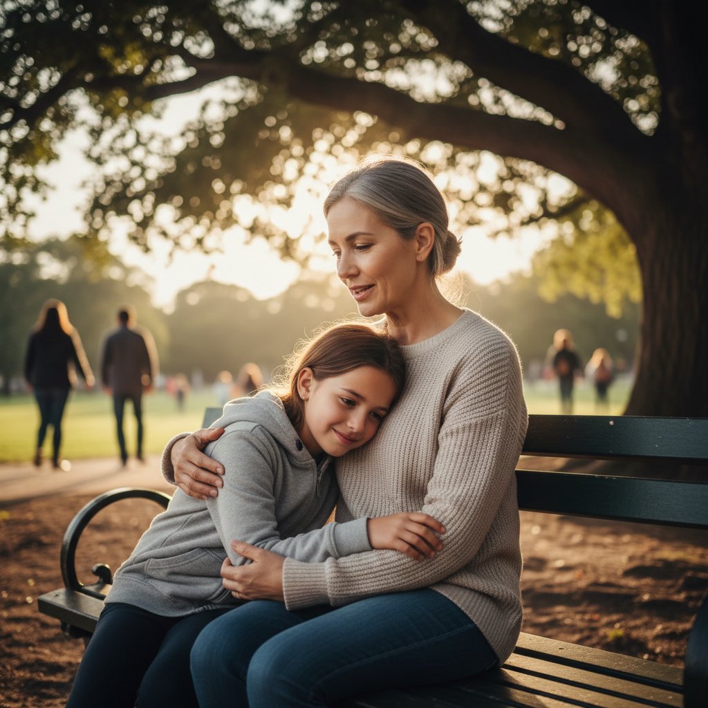 Rodzic rozmawiający z dzieckiem w przyjaznej atmosferze, wsparcie emocjonalne