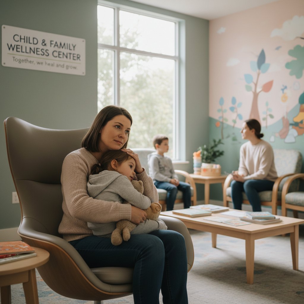 Rodzic uspokajający dziecko w poczekalni pediatry – emocje i wsparcie podczas wizyty