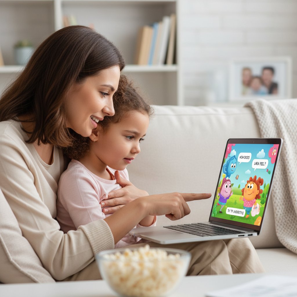 Rodzic obserwujący dziecko grające w grę edukacyjną na laptopie, wspólna nauka troski i empatii