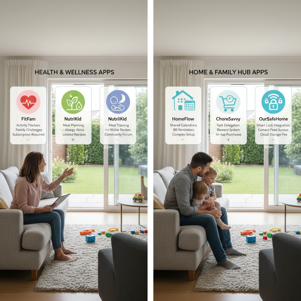 Rodzic porównuje dwie aplikacje zdrowotne na smartfonie, skupiona uwaga, domowe otoczenie