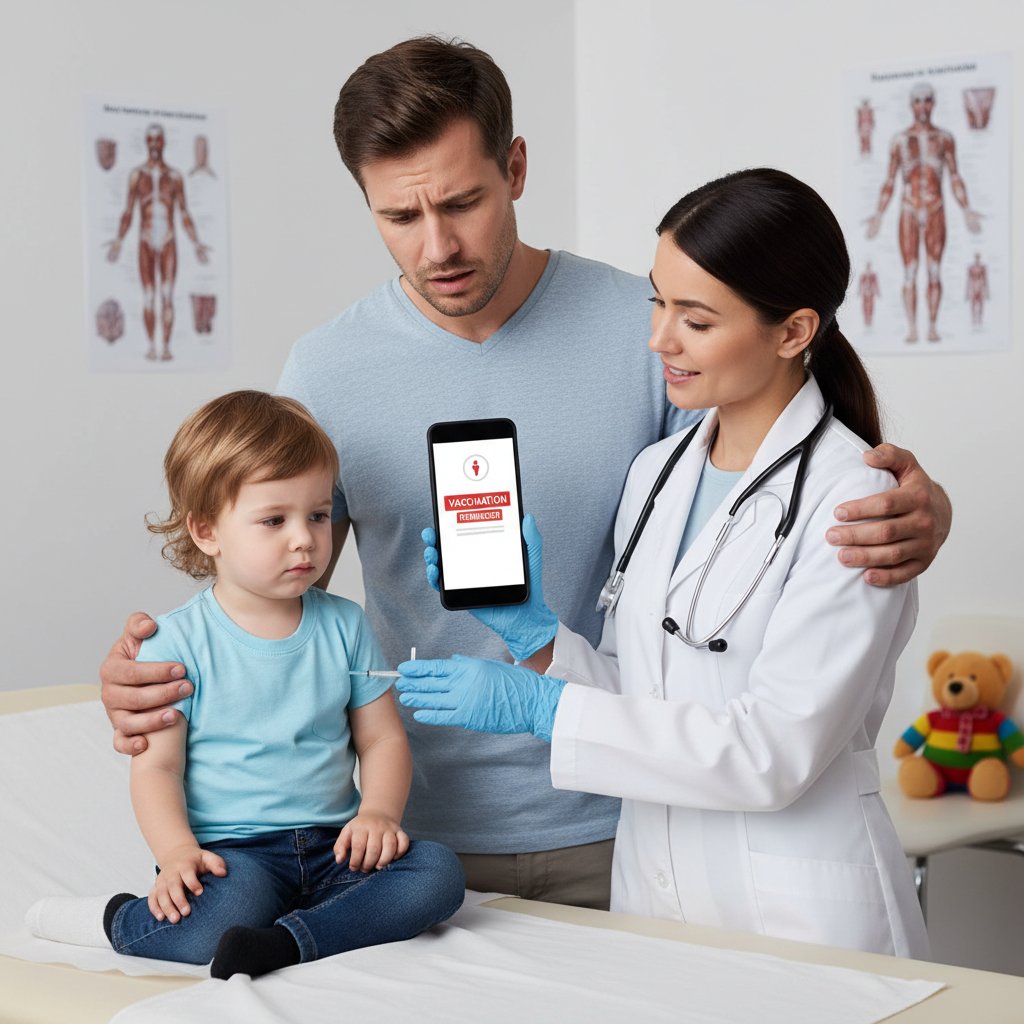 Rodzic z niepewnością patrzący na ekran smartfona z powiadomieniem o szczepieniu, w tle dziecko i lekarz
