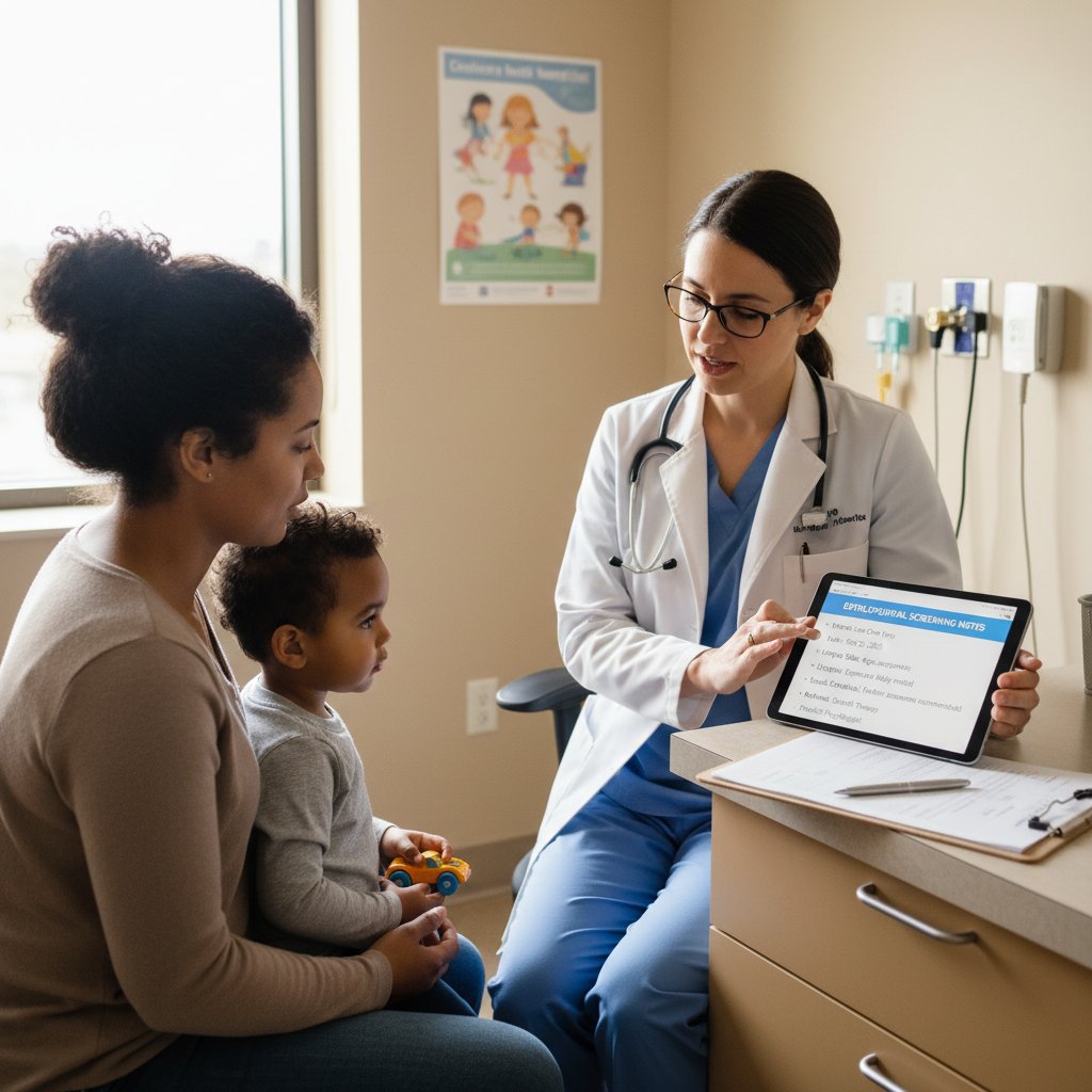 Rodzic konsultujący się z lekarzem, notatki i formularze dotyczące badań przesiewowych na stole