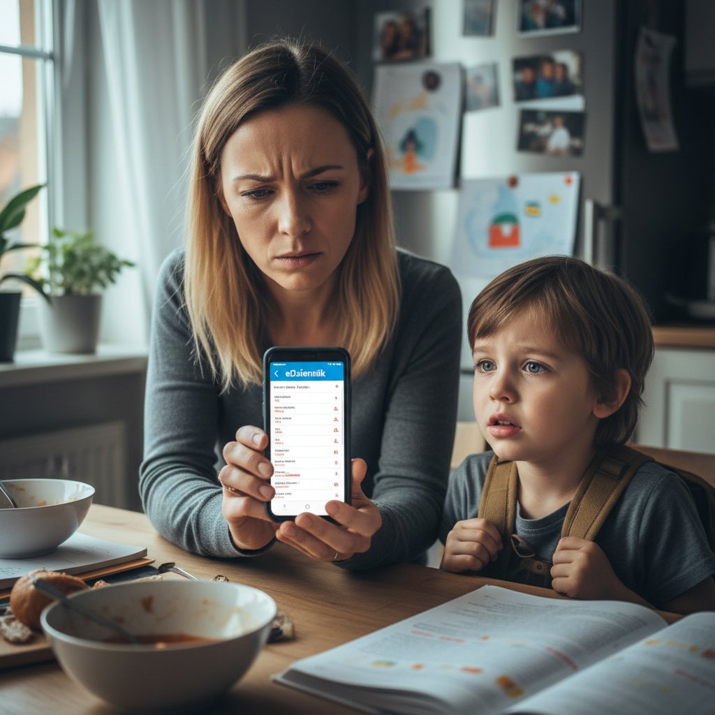 Rodzic przeglądający e-dziennik na smartfonie, dziecko patrzy z niepokojem