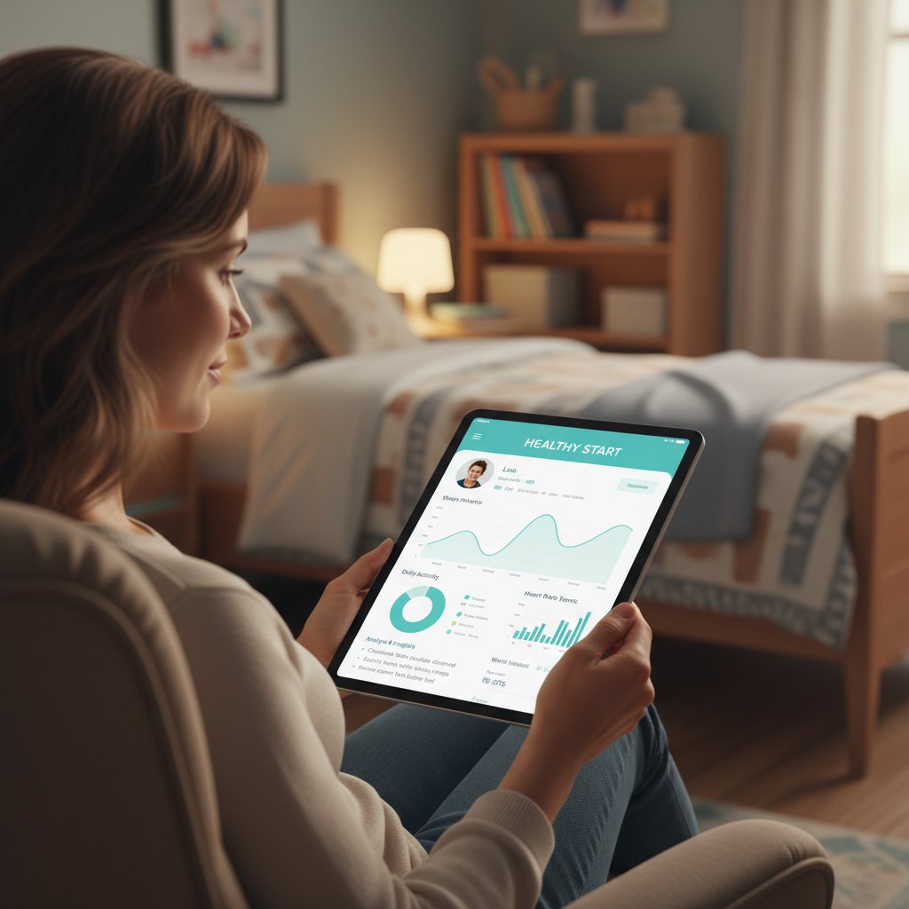 Rodzina analizuje wyniki zdrowotne na aplikacji; w tle spokojny pokój dziecięcy, atmosfera skupienia