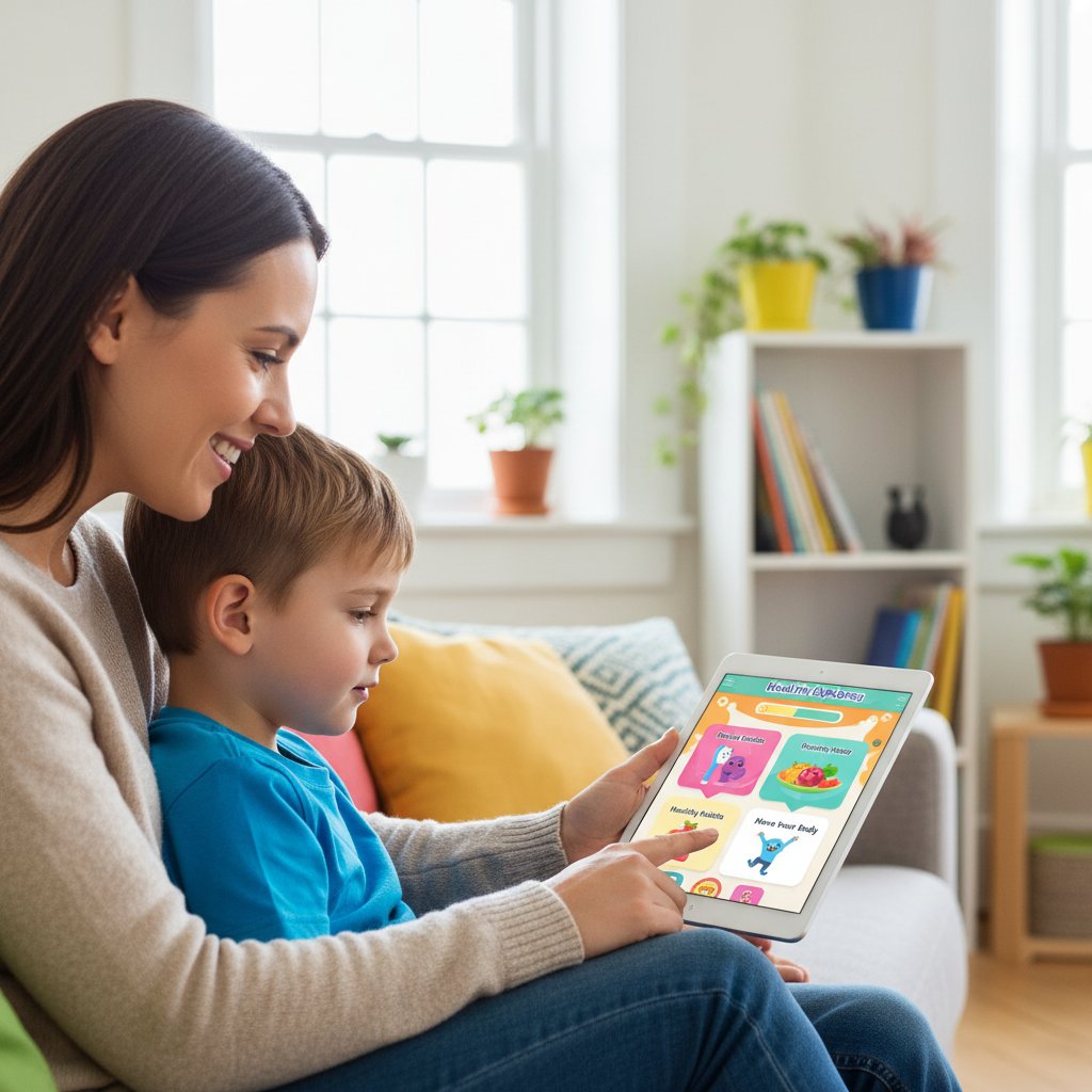 Rodzic uczy się o zdrowiu dziecka korzystając z aplikacji edukacyjnej, spokojna atmosfera, domowa scena