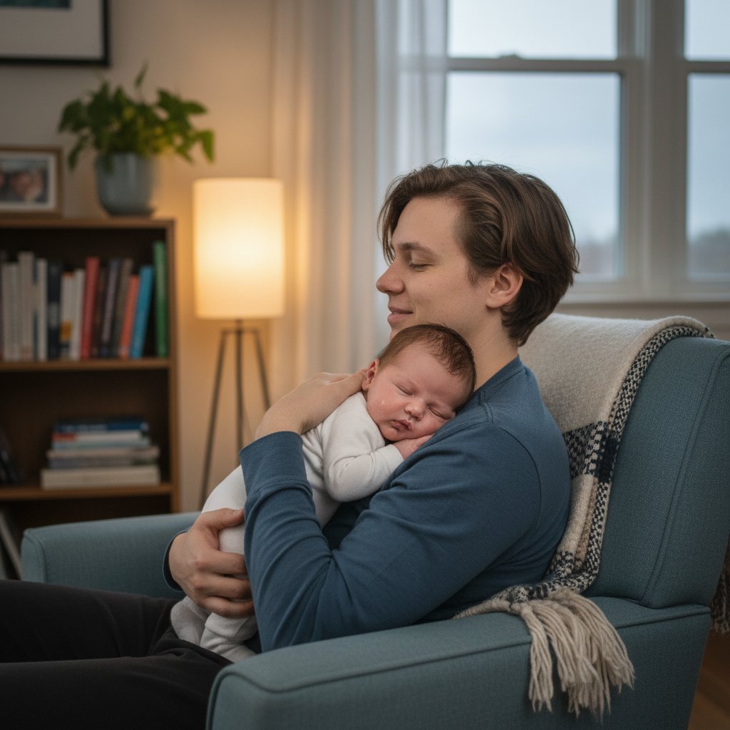 Rodzic siedzi na kanapie, trzymając dziecko pionowo na ramieniu po karmieniu, w tle wyciszone światło