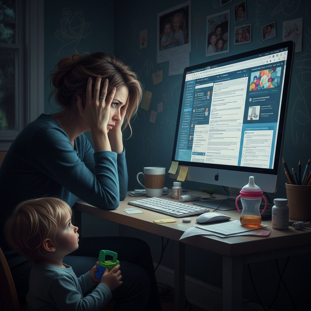 Rodzic zmęczony nadmiarem informacji zdrowotnych na ekranie komputera