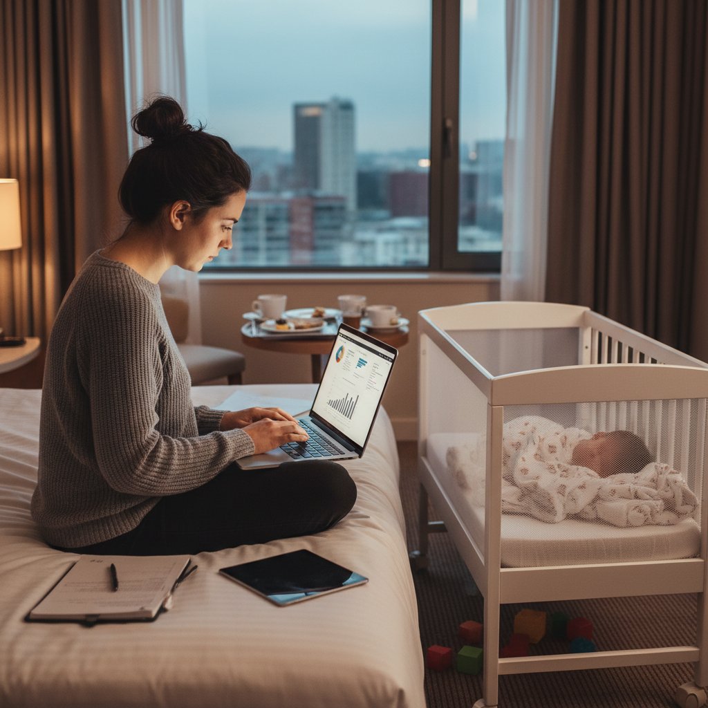 Rodzic analizuje zdjęcia hotelu na laptopie, skupiając się na detalach łóżeczka dziecięcego