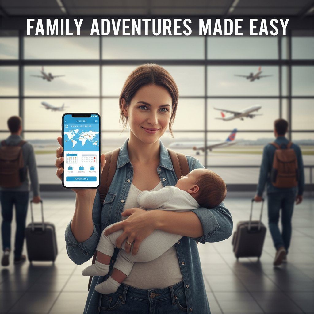 Rodzic korzystający z aplikacji mobilnej do planowania podróży z dzieckiem