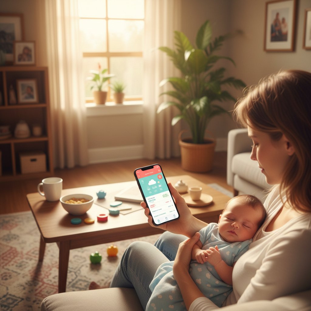 Rodzic korzystający z aplikacji zdrowotnej z niemowlęciem na rękach