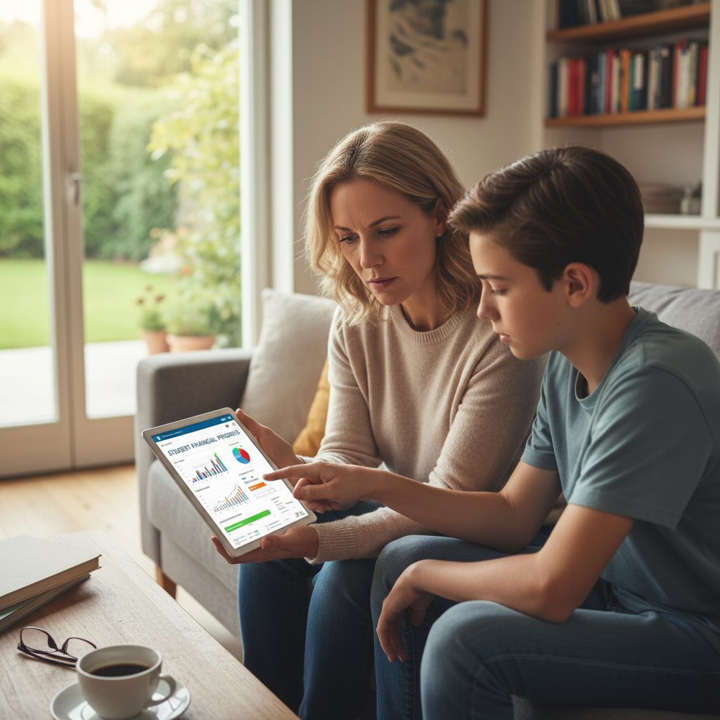 Rodzic kontrolujący postępy dziecka w nauce na platformie fintech w salonie